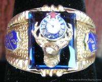 Vintage BPOE 10k Gold Ring w 3 D Elks Head & Enamel Clock on Blue 