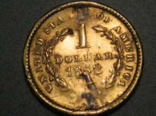 1852 GOLD Dollar coin. Formal Jewelry.  
