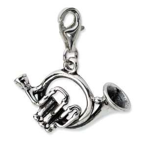   Silver 3 D Antiqued French Horn w/Lobster Clasp Charm Jewelry