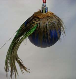 Blue Handmade Christmas Ball Ornament Decorated With Feathers  