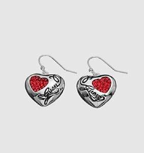   GUESS JEANS CONCAVE CRYSTAL HEART DROP LOGO EARRINGS WITH POUCH  
