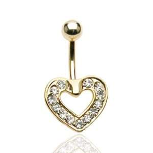  Gold Plated Heart Belly Button Navel Ring with Clear Gems 
