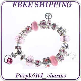 1pc pink cats eye lampwork silver pendant European beads charm 