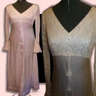 Vintage 60s White Ivory Lace Satin Wedding Dress XS S 34B Gown Hippie 
