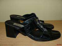 BFS01~BRIGHTON Black Croc Embossed Leather Sandals Heels Shoes Size 
