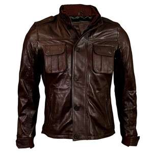 Mens Brown Button Urban Zipper Layered Leather Jacket  