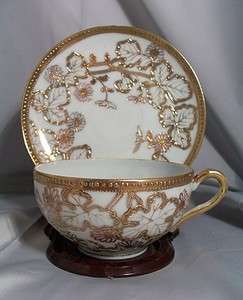 Nippon Raised Gold Maple Leaf Pink Blue Cup & Saucer Moriage Border 
