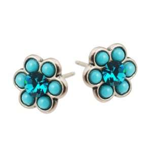   Flower Earrings with Turquoise Swarovski Crystals   Handmade in Israel