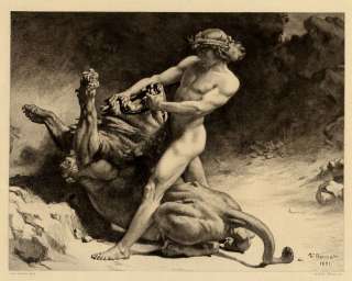 LEON BONNAT Jeunesse de Samson Combat Lion Eau forte Achille Gilbert 