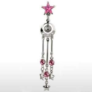 Top Drop Belly Ring with Pink Cubic Zirconia Star and Dangling Stars 