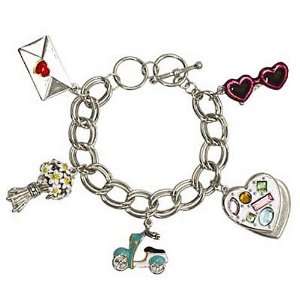    Hand Painted Silver Tone Love Theme Charm Toggle Bracelet Jewelry