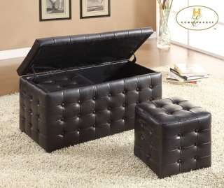 Black Vinyl Button Tufted Storage Bench with 2 Ottomans by Homelegance 
