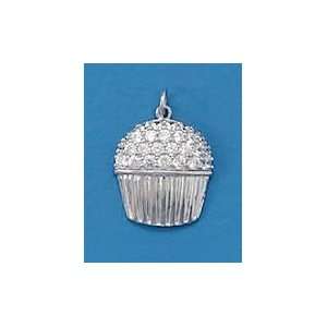   Sterling Silver Cupcake Pendant, Clear CZ Frosting, 1 inch Jewelry