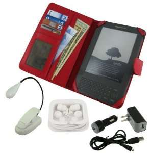  rooCase 6n1 Folio (Red) Leather Case with LED Clip on Book 