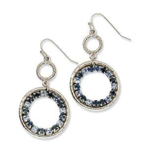  Silver tone Lt/Dk Blue Crystal Circle Drop Earrings 