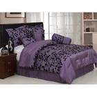 Bed in a Bag Purple with Black Velvet Floral Flocking 7 PC Comforter 