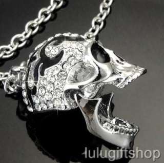 18k white gold plated skull pendant necklace use swarovski crystals 