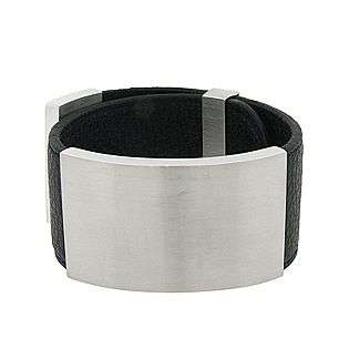 Womens Black Leather Bracelet with Plain Stainless Steel Element 