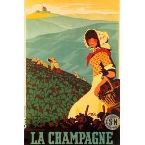 LA CHAMPAGNE GIRLS WITH GRAPES FRANCE FRENCH SMALL VINTAGE POSTER 
