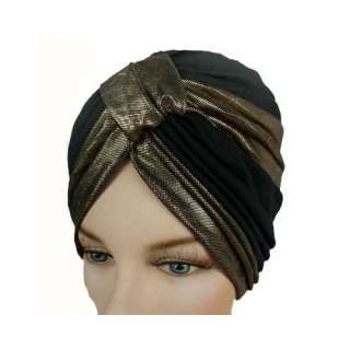    Glamorous Black & Gold Turban Hat Head Cover Sun Cap Clothing