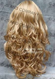 Bouncy Long Wavy Curly Golden PALE BLONDE WIG with full bangs JSCA 24 