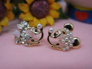 Unique Very Lovely Mickey Minnie Mouse rhinestones & Pearl stud 