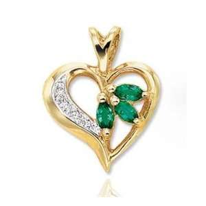    14k Yellow Gold Marquise Emerald Diamond Heart Pendant Jewelry