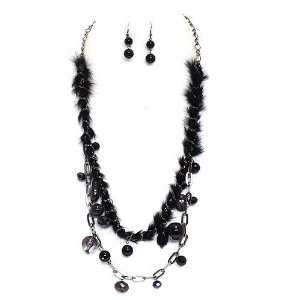 Fashion Necklace Set; 30L; Gunmetal with Black and Grey Beads; Black 