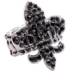 Crystal Embellished Fleur de lis Cocktail Gun Metal Black Stretch Ring