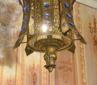 Vintage Antique Filigree Lantern Chandelier w/ Blue Crystals  