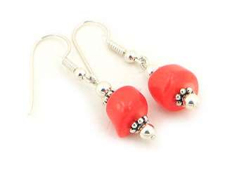 Chunky Salmon Coral Sterling Silver Dangle Earrings  