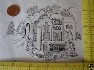 Winter scene, unmounted rubber stamp house & pine trees  