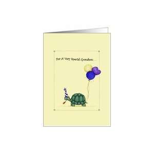 Grandson Birthday, Cute Turtle with Balloons & Party Hat Card