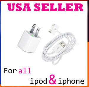 White USB Wall Charger + Data Cable Cord for Iphone 4S 4G 3GS Ipod 