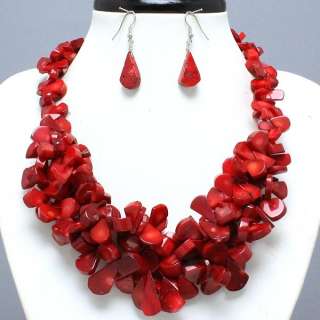 LAYERED CHUNKY RED CORAL STONE BEAD FASHION STATEMENT NECKLACE 