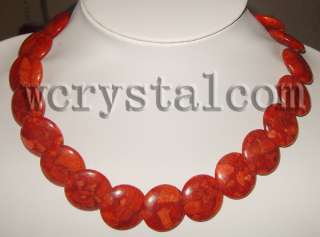 round flat red coral 25mm beads necklace  