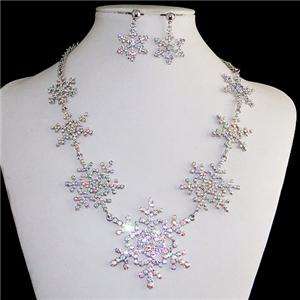 Bridal 7 Snowflake Necklace Earring Swarovski Crystal Clear AB Flower 