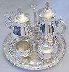 VTG 5 PC FOOTED SILVER TEA COFFEE SET w CHASED TRAY FLORAL MOTIF 