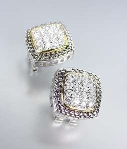   Silver Wheat CHAINS Gold Pave CZ Crystals Square Post Earrings