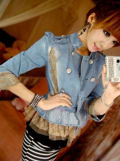   denim lace coat jacket Double breasted jean stand collar 
