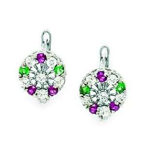  14k White Gold Green and Red CZ Flower Leverback Earrings 