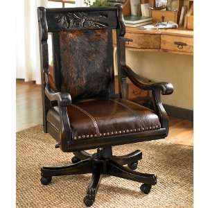  Carved Elk Office Chair With Brindle Hide