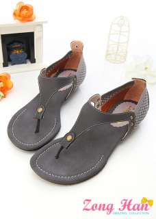 Elastic T Strap Flat Sandals Shoes Brown Beige Gray  