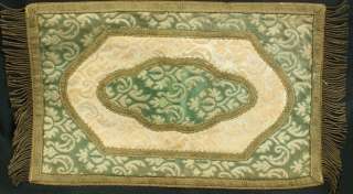 VINTAGE FRENCH TABLE RUNNER DOILY FADED GREEN CREAM GOLD PATTERNED 
