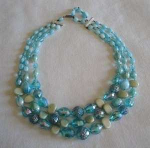 Vintage 50s 3 Strand Blue Glass Bead Necklace  