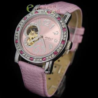   Diamonds Wrist Watch Automatic Pink Case Leather Skeleton Women Lady