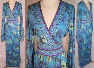   Emilio Pucci Pure Silk Blue Grape Vine Leaf Long Boho Mod Dress  
