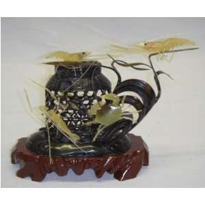 Chinese shrimp and crab basket horn carving sculpture   hand carved 