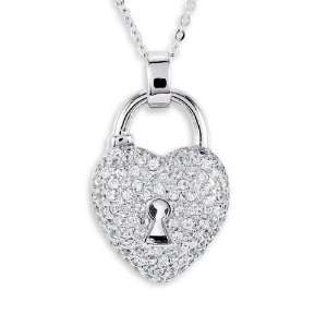    925 Sterling Silver CZ Pave Heart Lock Charm Necklace Jewelry