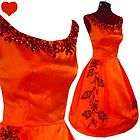   60s EMMA DOMB Satin PROM Party Dress S Red Orange SEQUIN Full Skirt
